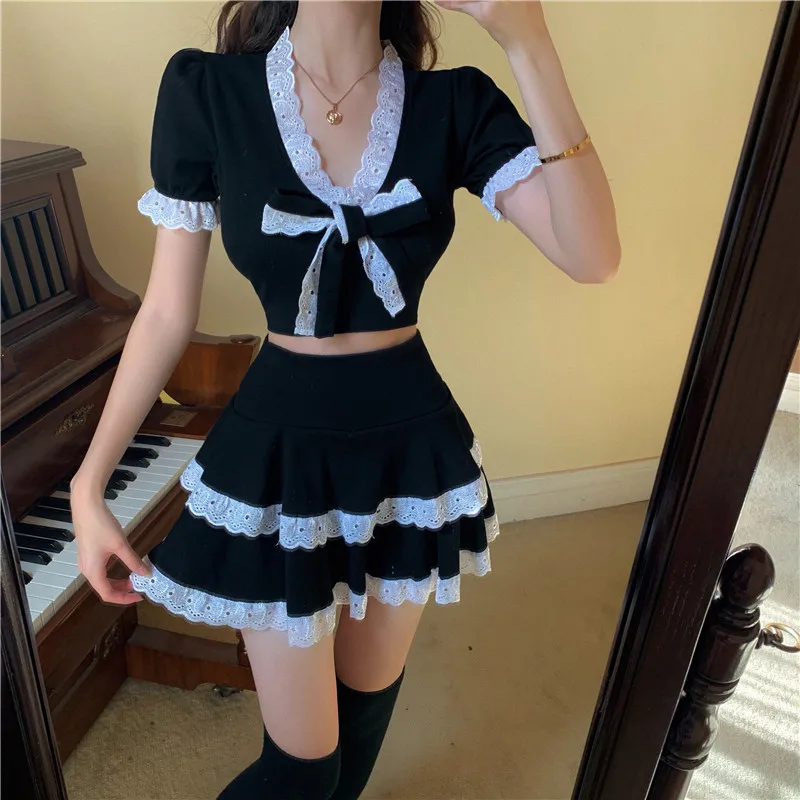 Sexy Black 2 Piece Dress Suits 2023 Summer Kawaii Bowtie Crop Top + Mini  Cake Skirt Suits Spicy Girls Sweet Two Pieces Sets - AliExpress