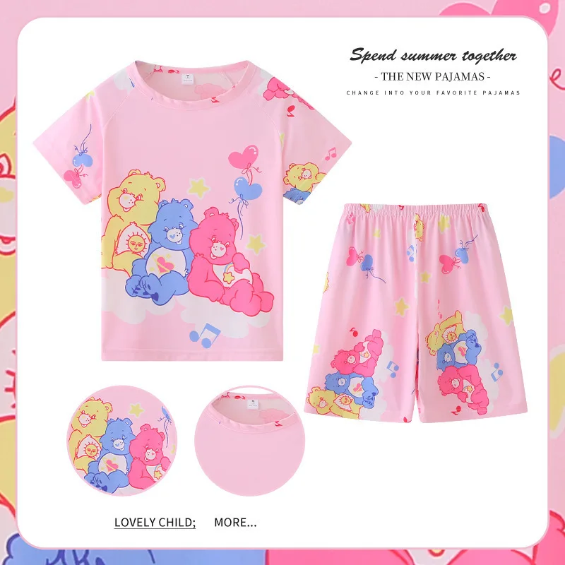 Пижама Carebearss для девочек, аниме кавайная ночная рубашка с маленьким медведем, комплект с шортами, детские летние топы, брюки с коротким рукавом, детская одежда в подарок