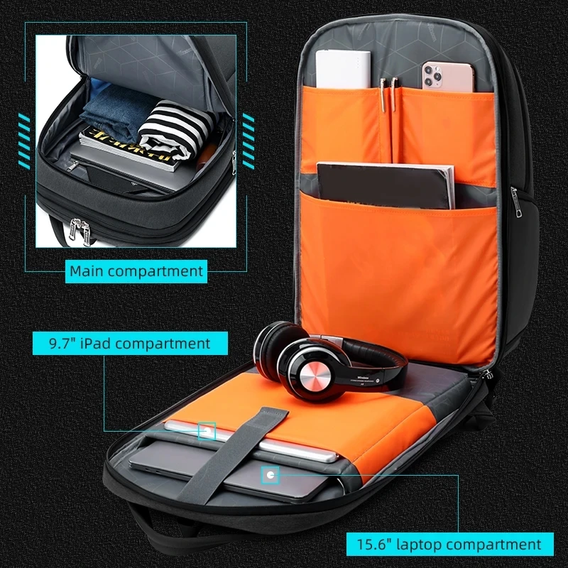 Black Expandable 40L Travel Backpack for Men with 15.6 Inch Laptop