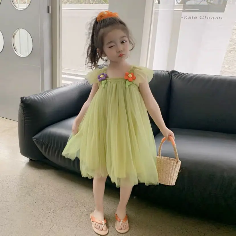 

2023 Beautiful Gauze Puffy Dress Girls Summer Baby Flower Birthday Party Princess Dress Children Sweet Mesh Dress