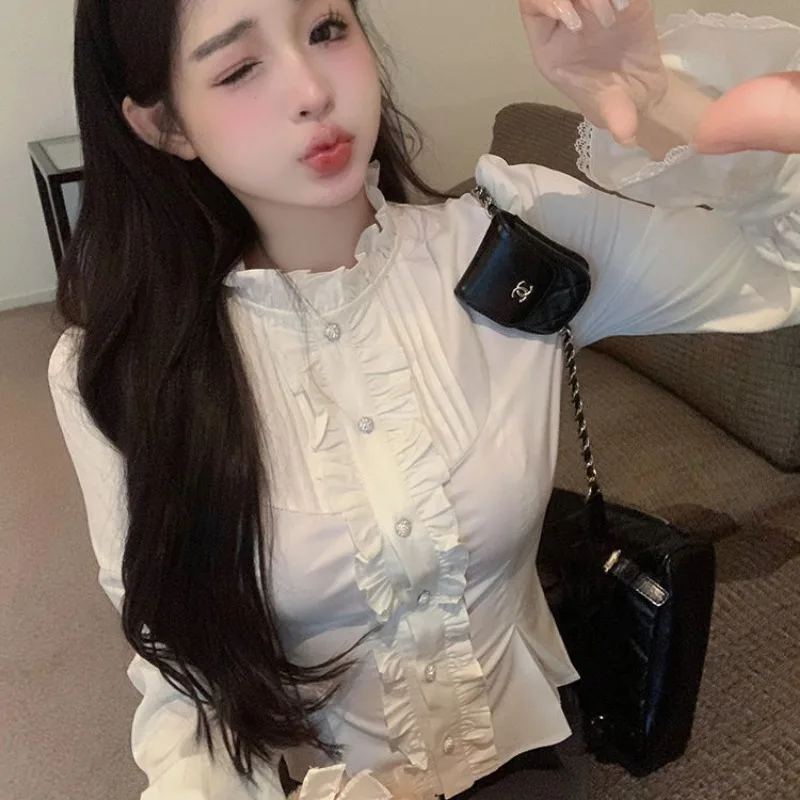 QWEEK Elegant White Long Sleeve Blouses Women Korean Fashion Luxury Button Up Shirts Female Spring Youth Chic Tunic Aesthetic