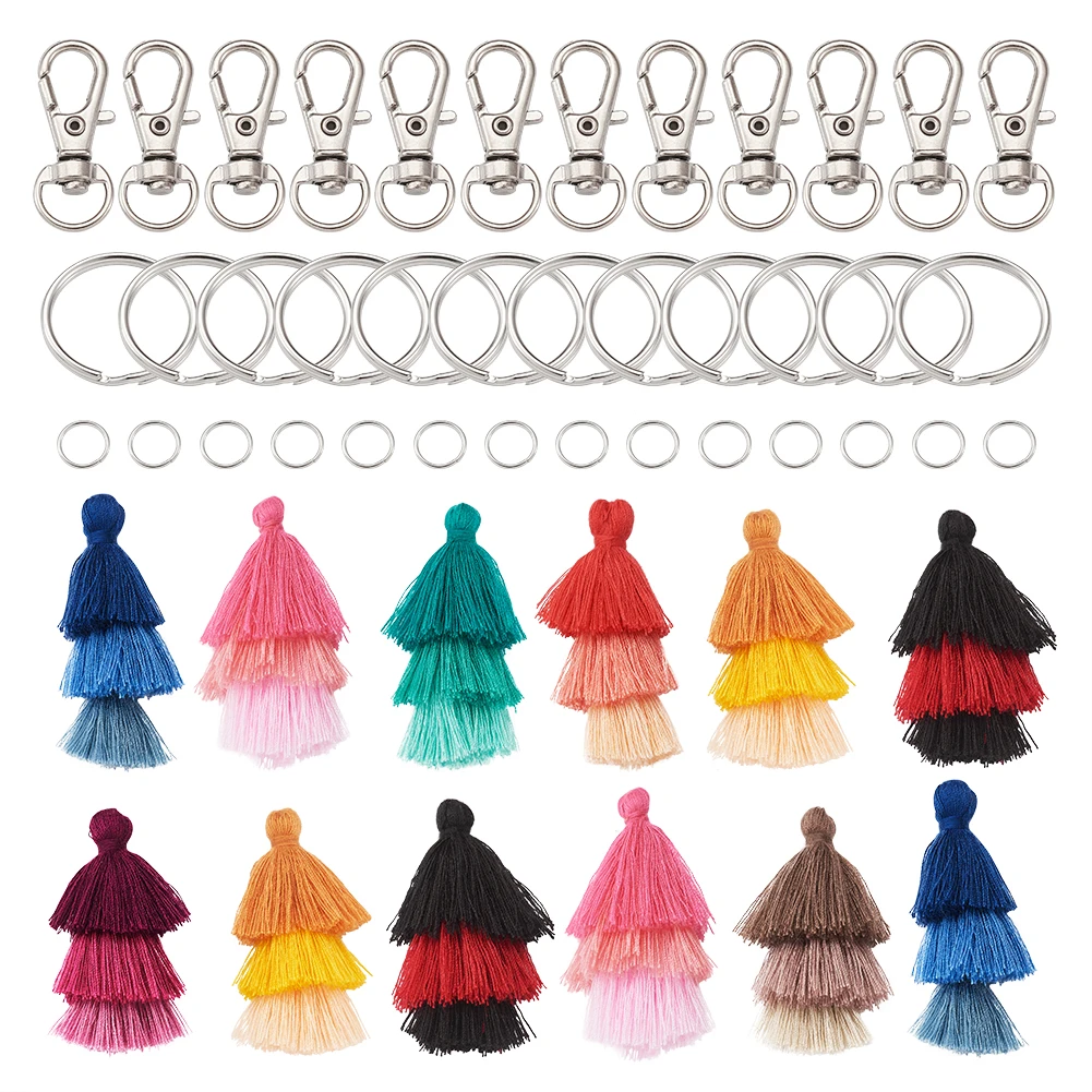 

24pcs/set Tri-color Cotton Thread Tassel Decorations Pendant Swivel Lobster Claw Clasps Split Key Rings for DIY Keychain Making