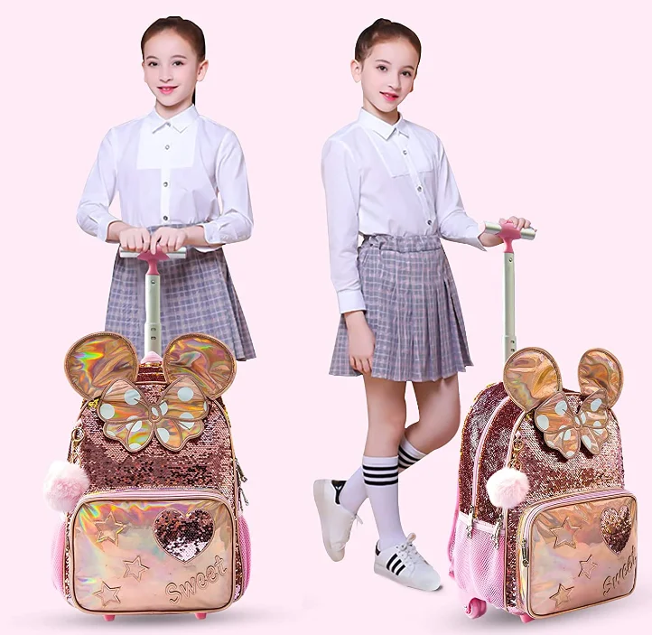 Jasminestar 16 inch School Rolling Backpack School Wheeled Backpack For Girls School Trolley Bags with Lunch Bag Pencil Case