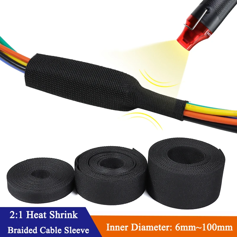 2:1 Heat Shrink Braided Cable Sleeve Dia 6mm~100mm Insulation Flam Retardant Wire Wrap Sheath Protection PET Auto Line Organizer