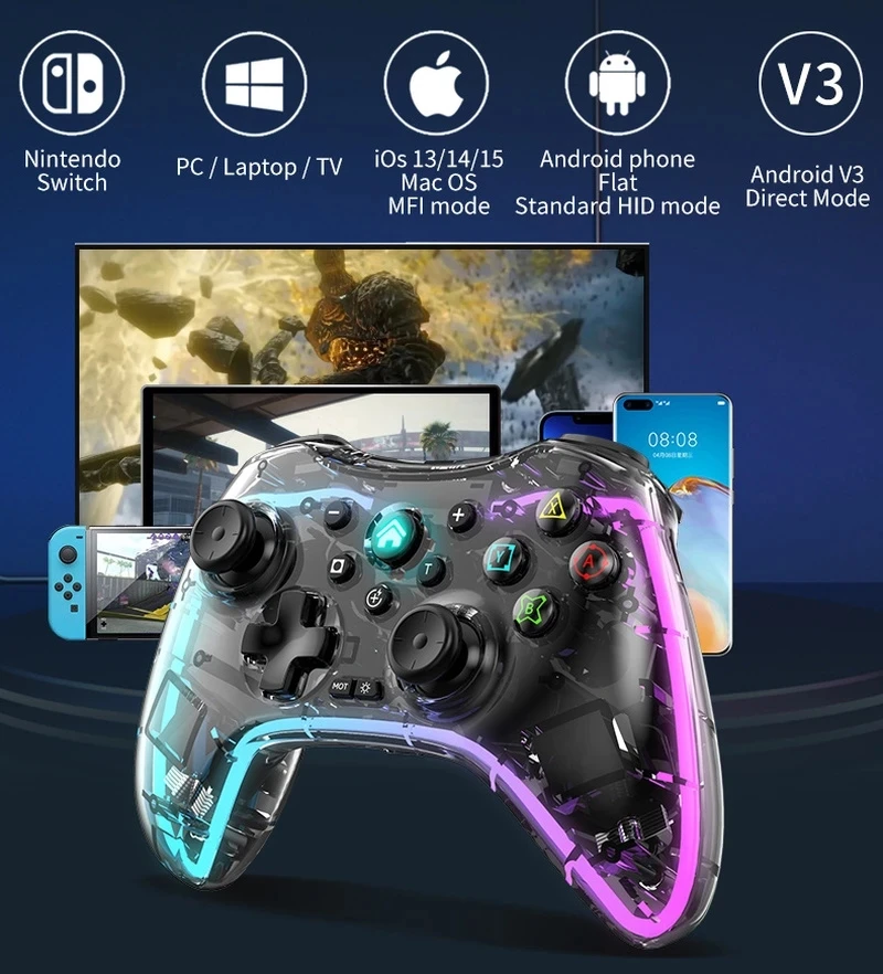 Wireless BT Transparant LED Luminous Gamepad for NS Switch Console Game Controller Joystick for Switch PS3 PS4 Android PC Device