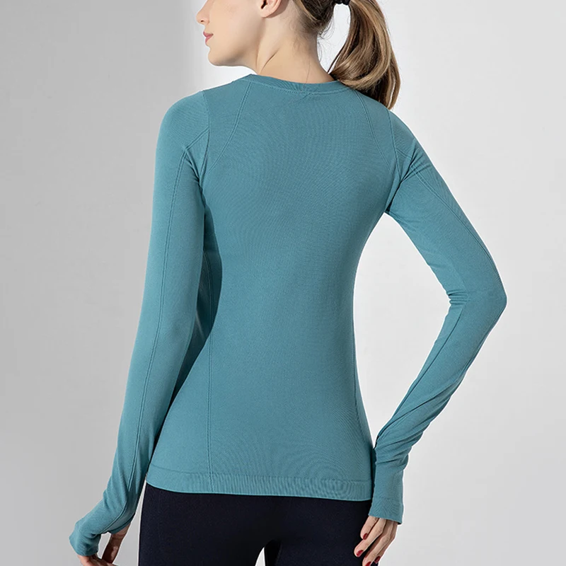 Sports t shirt women long sleeve yoga round neck fitness crop top running tight quick dry workout clothes thumb hole