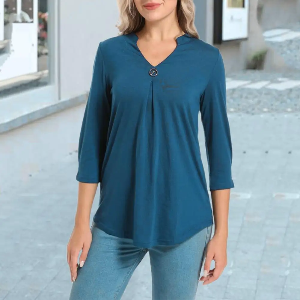 

V Neck 3/4 Sleeve Pin Decor Blouse Pleated Hem Women T-shirt Spring Autumn Solid Color Slim Fit Tunic Pullover Top Streetwear