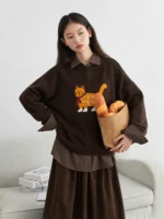 CHIC VEN nouvelles femmes chandails ample décontracté O cou dessin animé chat femme tricoté pulls pulls pour fille automne hiver 2025 2