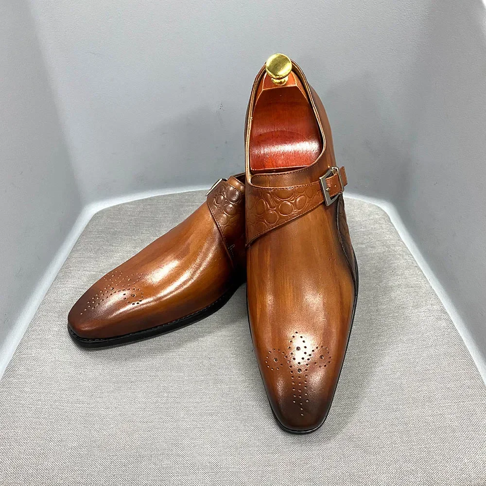 Luxury Genuine Calf Leather Monk Strap Wedding Dress Shoes for Men Alligator Print Handmade Business Office Formal Shoes