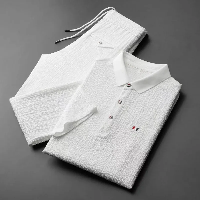 Foreign Trade 2024 Summer Thin Ice Silk Short Sleeved Set for Men's Casual Lapel T-shirt, Cropped Pants, Sports Two-piece Set 5