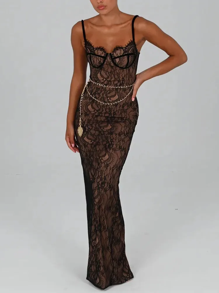 

Elegant Lace Print Maxi Dress For Women Spaghetti Strap Sleeveless Backless Bodycon Dress Club Party Sexy Lady Evening Dress