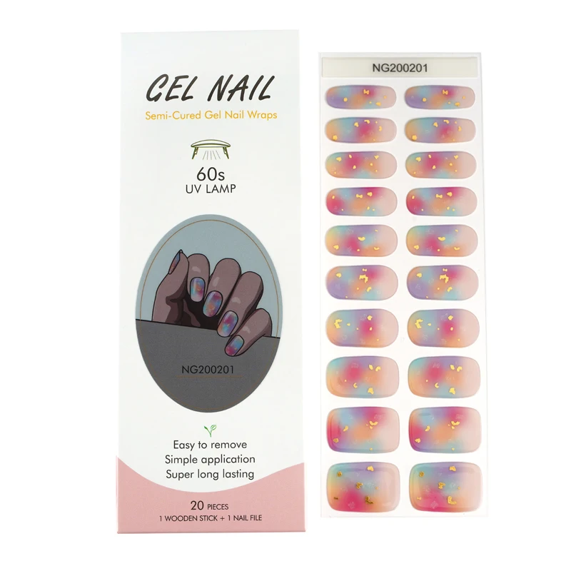 Nude Semi-Cured Gel Nail Patch Slider Adhesive Waterproof Long Lasting Aurora Full Cover Gel Nail Sticker UV Lamp Needed 20Tips
