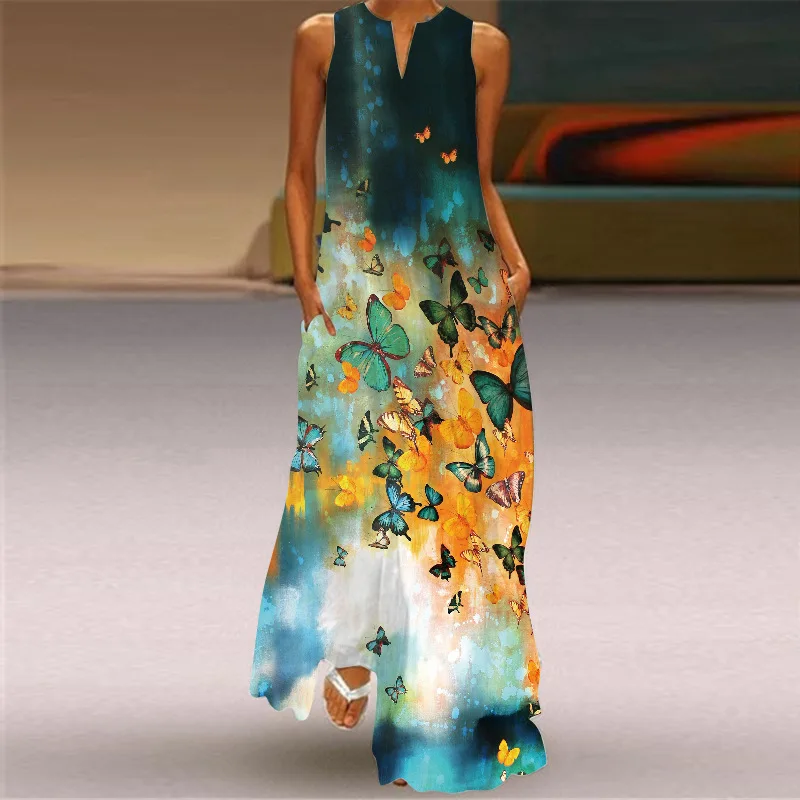 

2023 New Summer Ladies Long Dress Women Black Sleeveless V-neck Loose Party Dresses Casual Face Print Vintage Beach Vestido