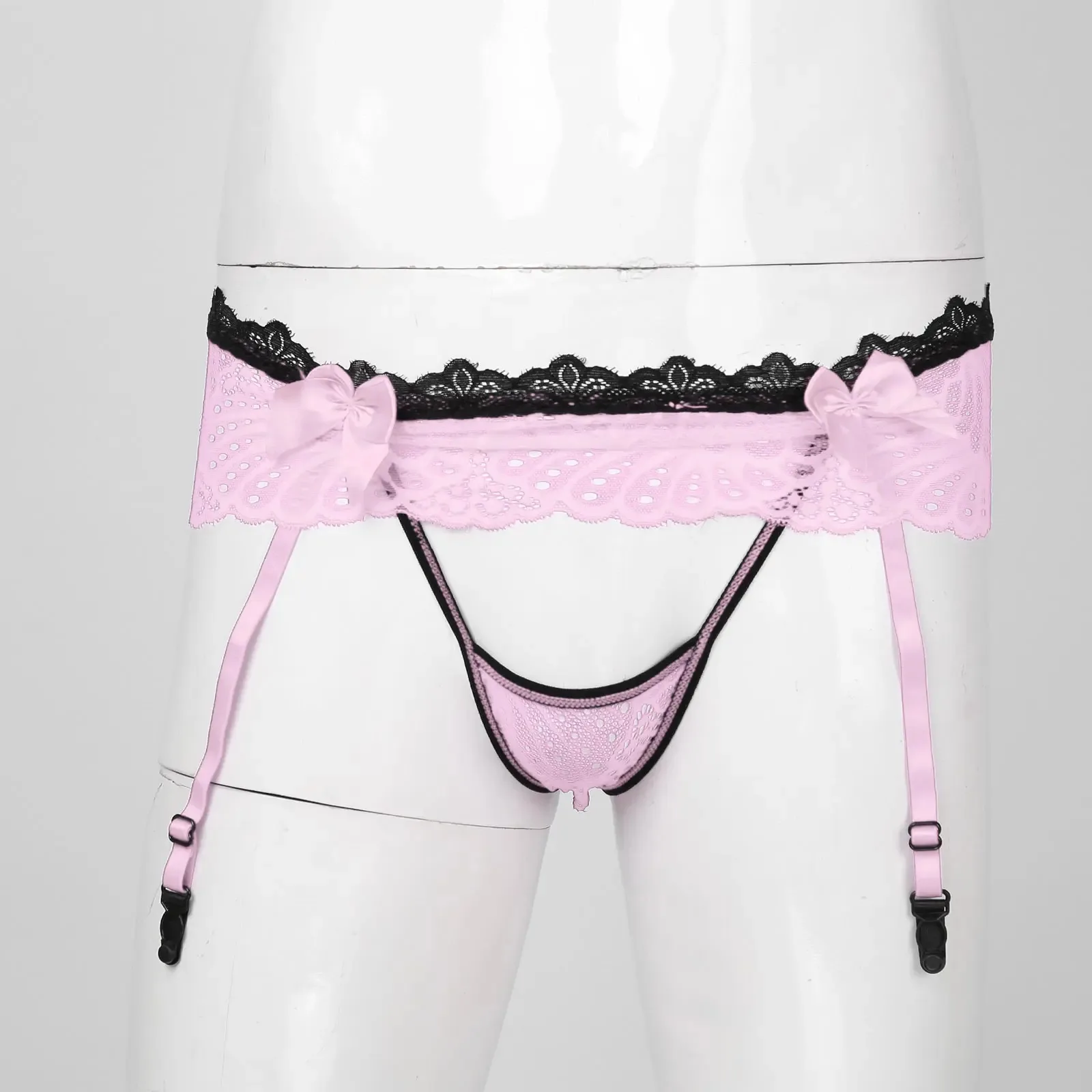 Mens Lingerie G-String Sissy Underwear Hollow Out Lace Skirted Thongs Bowknot Crotchless T-Back Garters Adjustable Garter Belt male underwear