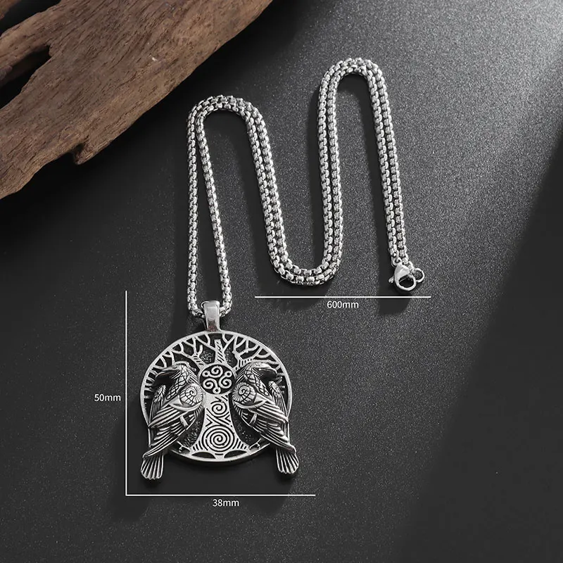 Vintage Nordic Raven Tree of Life Pendant Necklace Odin Huginn Muninn Necklace for Men Women Norwegian Amulet Jewelry Gift