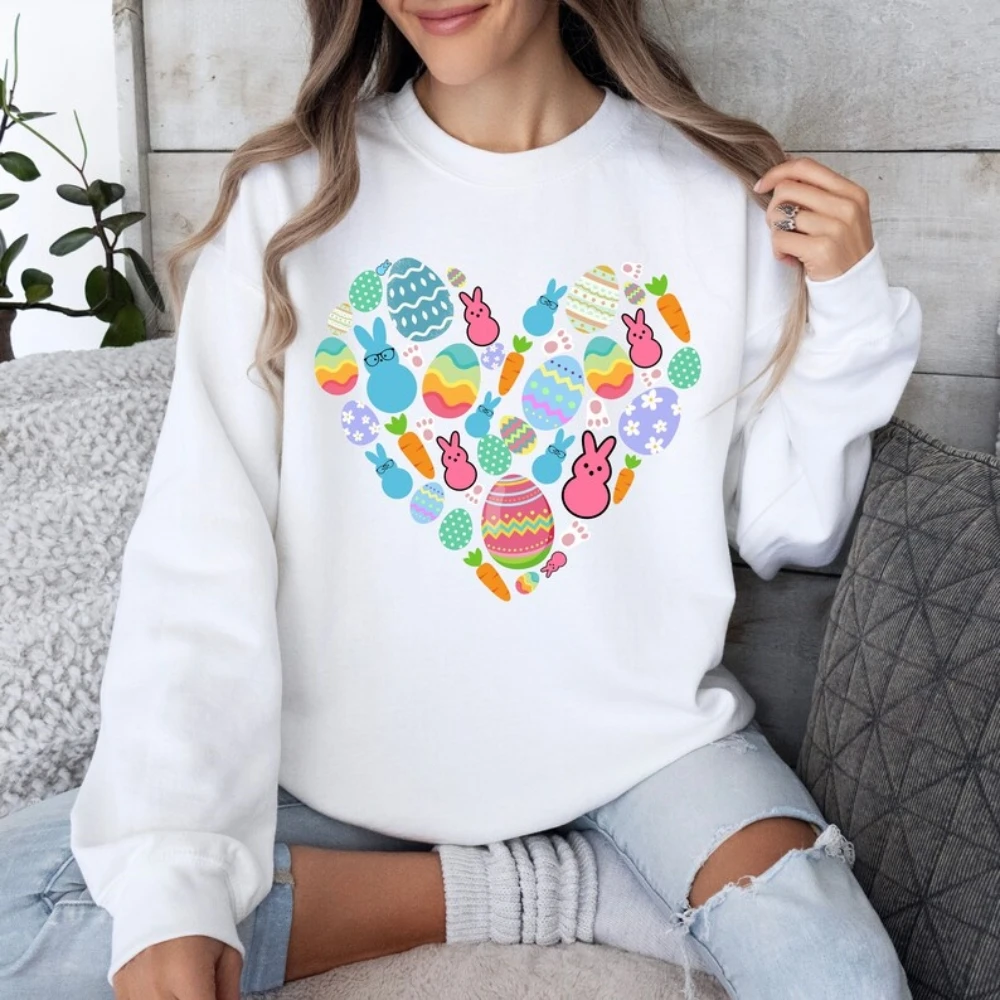 Easter Heart Sweatshirt Bunny Rabbit Easter Day Shirt Happy Family Easter Gifts For Mom Kawaii Cute Tops Women Y2k Pullovers