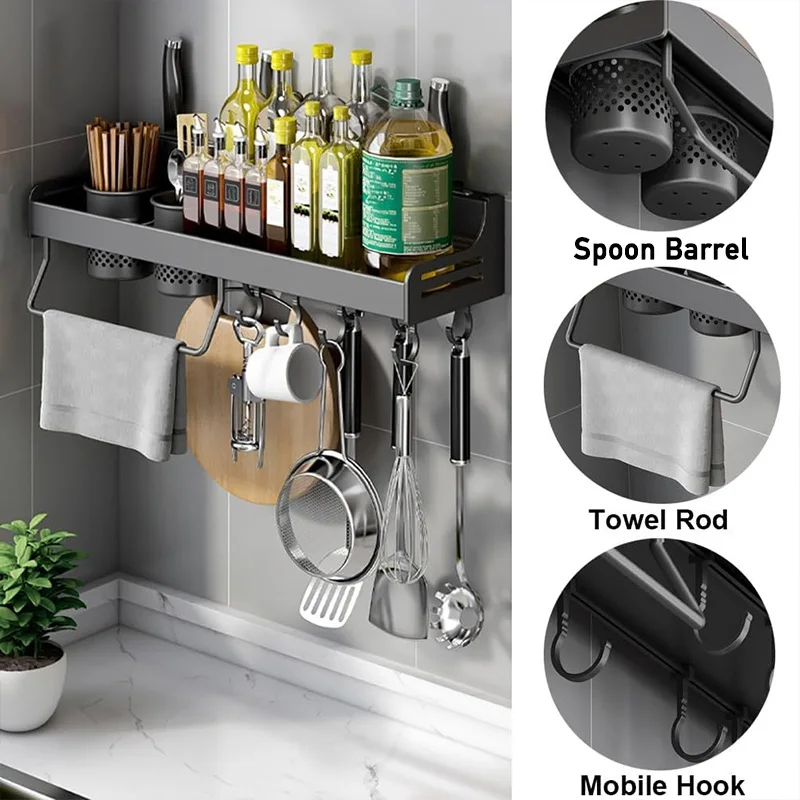 No Drill Kitchen Storage Rack Aluminum Wall Mount Spice Seasoning Spoon Knife Stand Holder Rag Dishcloth Rack Organizer Shelf