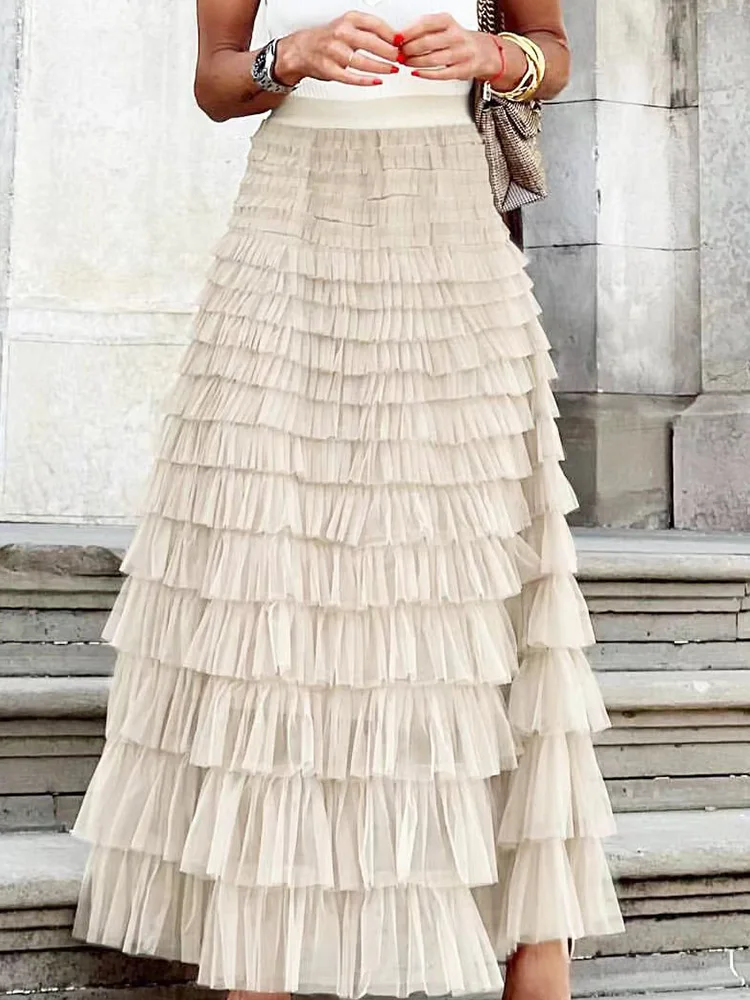 

New Fashion Cake Skirts Loungewear Women All Season Sweet Patchwork Solid Pleated Skirts Loose Fit Gauze Streetwear Dropshipping