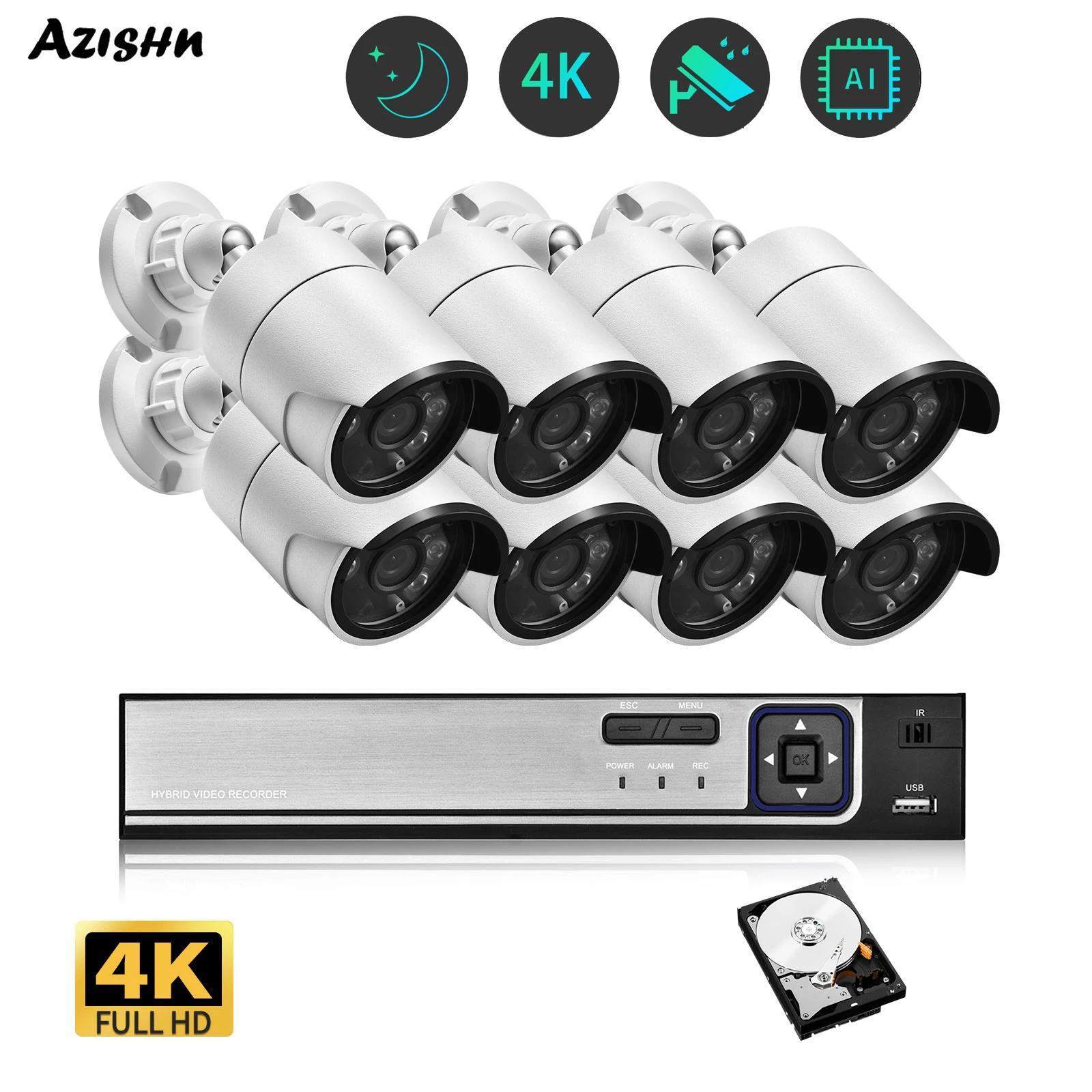 

AZISHN Ultra HD 4K Security Camera System 8CH POE NVR Audio IP Camera Outdoor Full Color Night Vision Video Surveillance Set