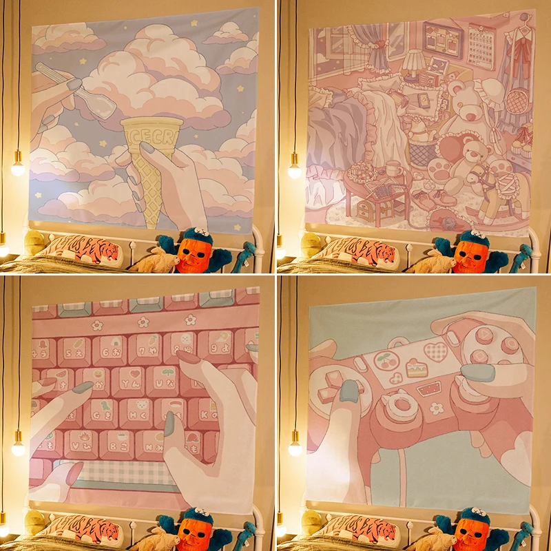 Tapestry Decorations Kawaii Room Decor Ins Girl Heart Bedroom Background Cloth Wall Cloth Tapestry Bedside Decoration Painting Aesthetic Room Decor