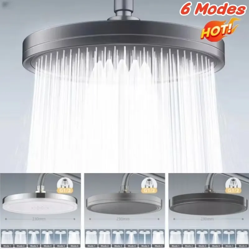 New 230mm Big Panel Showerhead 6 Mode Supercharge Rainfall Shower Head High Pressure Top Rain Shower Faucet Bathroom Accessories 2