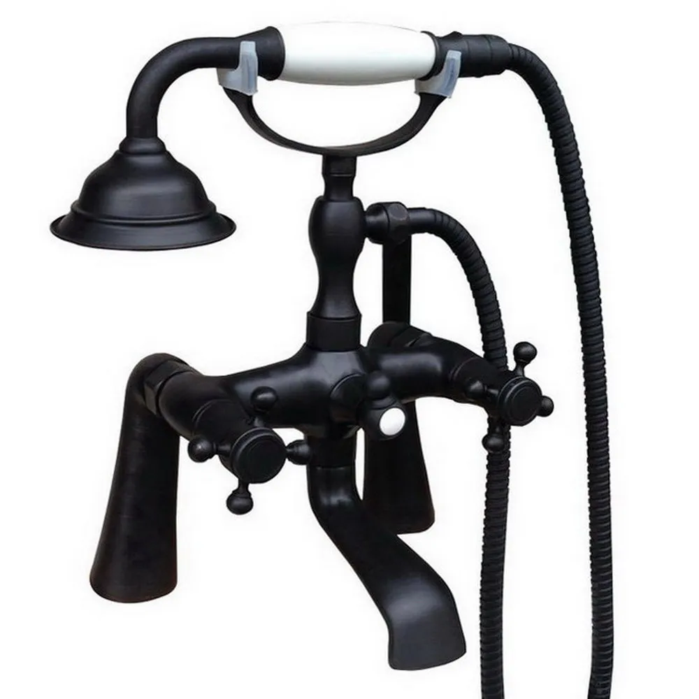 

Black Oil Rubbed Brass Dual Handle Bathroom Tub Faucet Deck Mounted Bathtub Mixer Taps with Handshower Ntf500