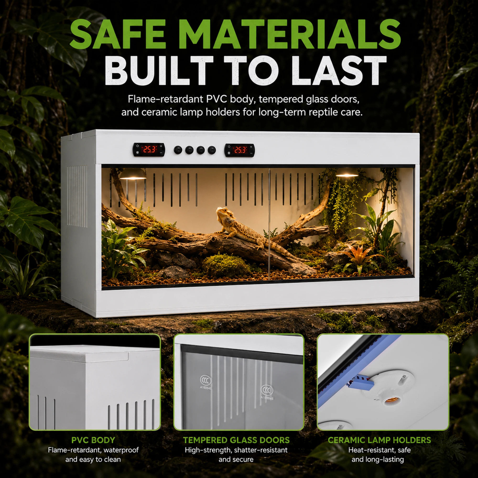 Reptile Terrarium, PVC Enclosure, Stackable Reptile Enclosure Tempered Glass Bearded Dragon Tank, for Amphibians Reptilians Arachnids Pets Habitat 3