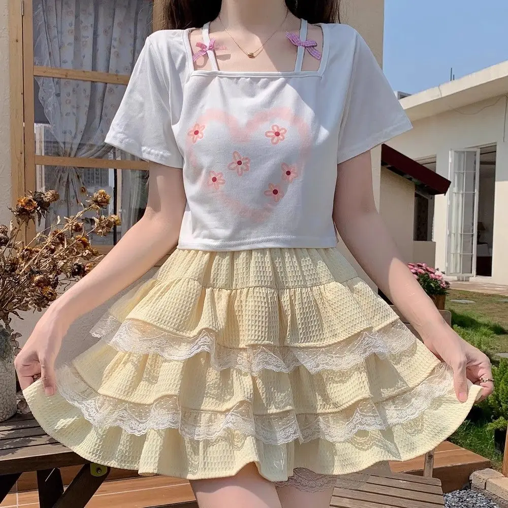 Cake Skirt Sweet Girl Lace Woman Summer Skirt Half Length Skirt High Waisted Pleats Word A Fluffy and Fluffy Short