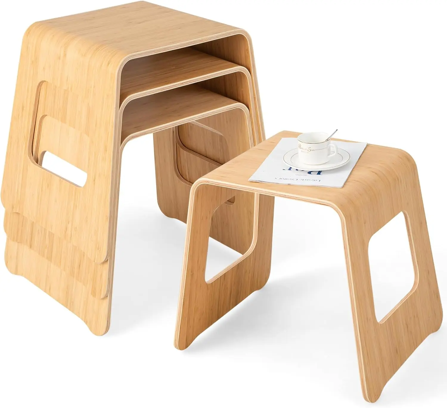 Stackable Bamboo Stools Set of 4, Leisure Seat Stools with Anti-Slip Foot Pads, Heavy Duty Home Shoe Changing Stool 2