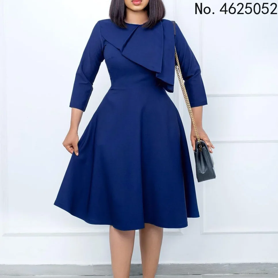 Elegant Office Ladies Dresses Women Round Neck Three Quarter Sleeve High Waisted Pleated Mid Calf Professional Work Wear Dress