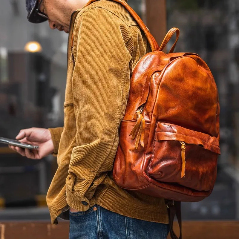 Casual vintage organizer handmade genuine leather men's black backpack outdoor travel luxury real cowhide designer bagpack