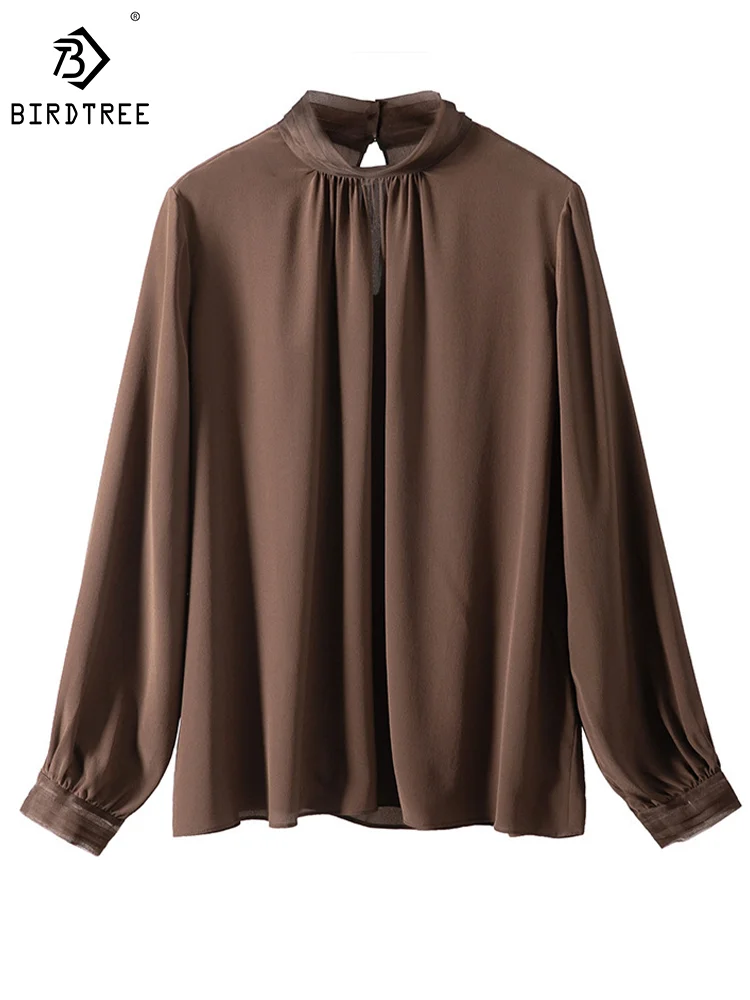 

Birdtree Real Silk Lantern Sleeve Shirts for Women, Stand Neck Folds Blouses, Fashion 2024 Spring Tops, Dark Coffee T41491QM
