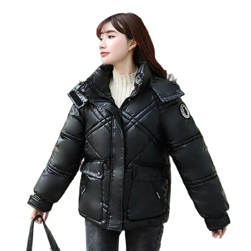 

2023 Autumn And Winter New Glossy Disposable Down Cotton-Padded Jacket Female Short Joker Korean Loose Casual Hooded Coat Female
