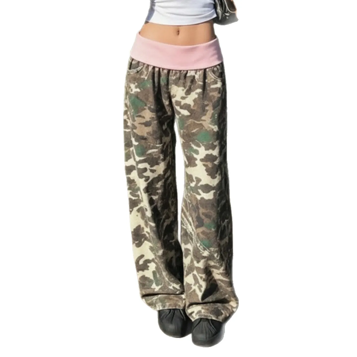 2026 Pantaloni mimetici in vita con colori a contrasto Pantaloni larghi a gamba dritta stile street da donna - immagine 5