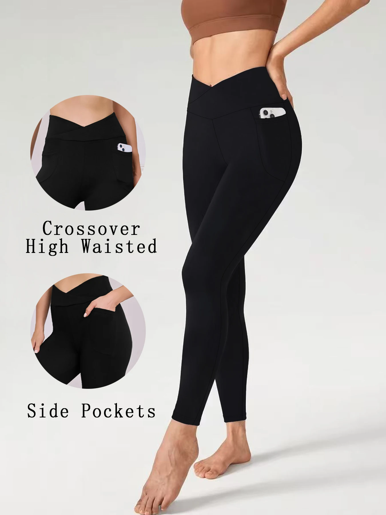Damen Super Weiche Crossover-Leggings mit Hoher Taille und Taschen Bauchkontrolle Blickdicht Workout Yoga Lauf-Leggings – Detail 7