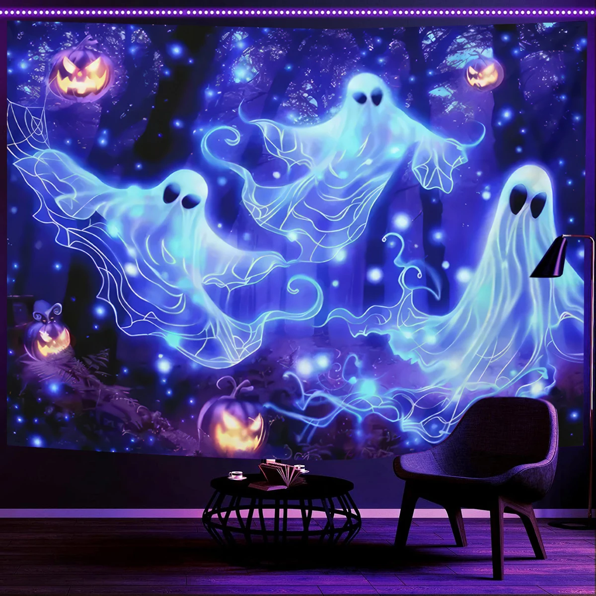 Large UV Reactive Forest Ghost & Pumpkin Tapestry Wall Hanging Halloween Decoration Blacklight Bats Night Sky Home Room Decor