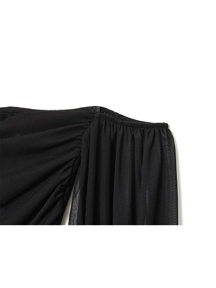 Women Long Sleeve Blouse Top Fashion Slash Neck  Sexy Slimming Folds Design Short Top 2026 New Solid Ladies Club Streetwear