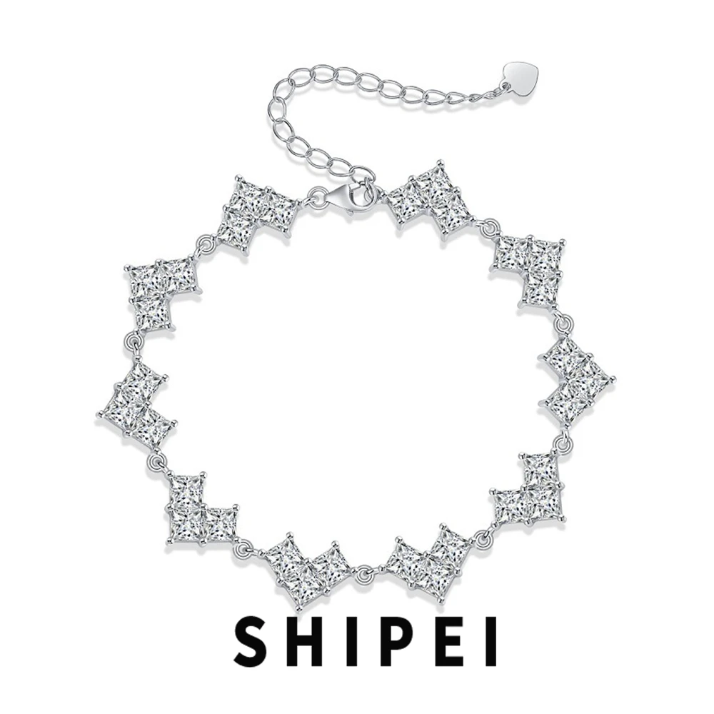

SHIPEI Luxury 100% 925 Sterling Silver VVS1 Princess Cut D Real Moissanite Diamonds Gemstone GRA Triangle Bracelet Fine Jewelry