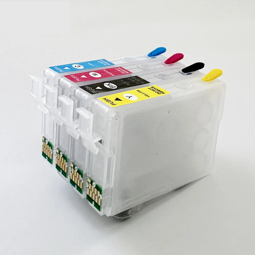 Cartouche d'encre compatible Epson avec puce ARC de couleur cyan, prête à être installée.