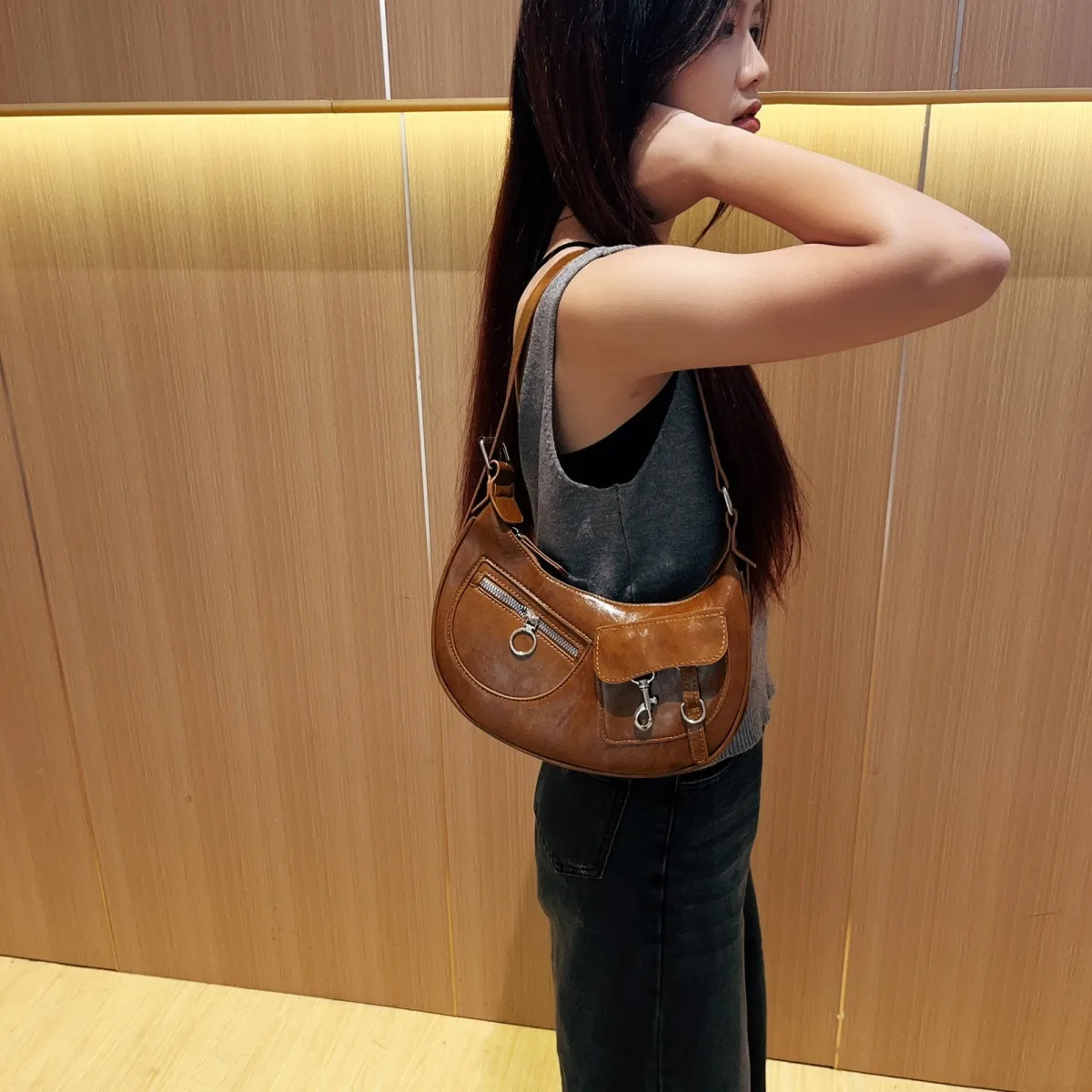 JIAERDI Retro Brown Underarm Bag Women Fashionable Moto Biker Leather Chic Y2k Handbag Ladies Casual Crossbody Bags 2025 New