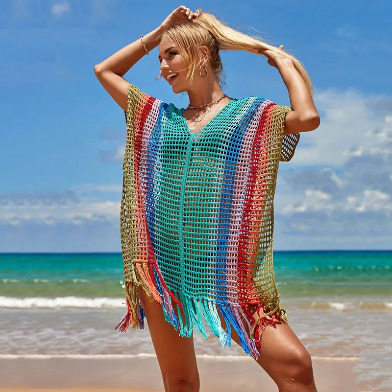 bathing suit dress cover ups Tops For Women Summer Dress Skirts 2022 New Knit Chromatic Stripe Beach Sexy Hollow Out Neck Bikini Smock Color Print Polyester bikini cover