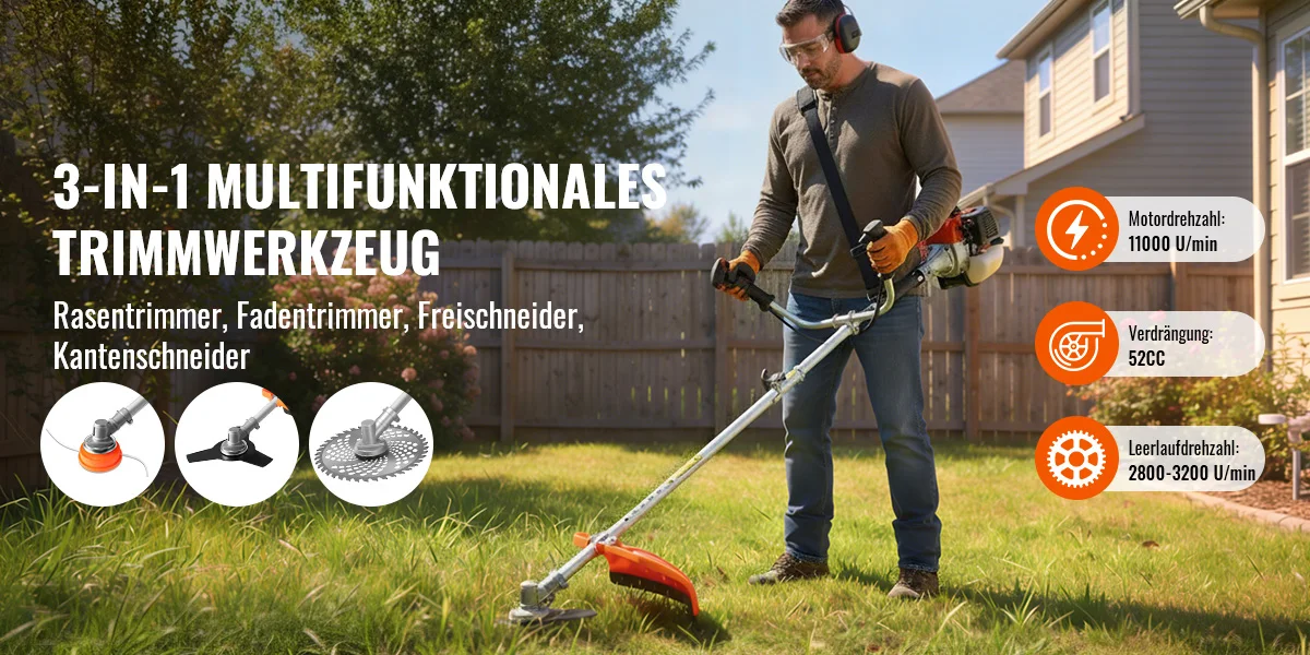 CONENTOOL Benzin-Freischneider 52cc 3-in-1 2500W 2-Takt Rasentrimmer 11000 U/min mit Sägeblatt Metallklinge und Trimmerfaden – Detail 1