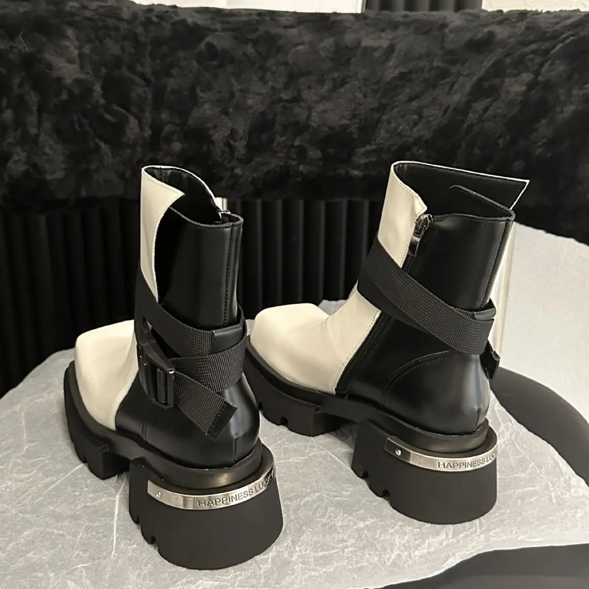 Genuine Leather Thick Heels High Heels Thick Soles Martin Boots Female Niche Design Square Toe Ins Work Clothes Short Boots