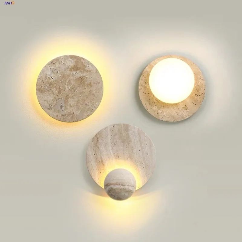 IWHD Nordic Modern LED Wall Lights Living Dining Room Bar Yellow Travertine Interior Home Decor Creatvie Bedside Lamp Lamparas