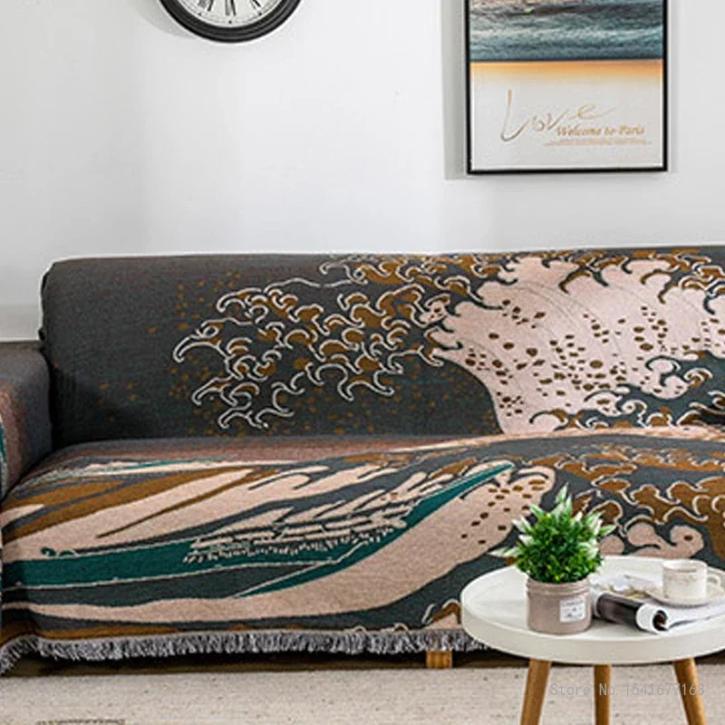 Double Sided Jacquard Thread Blanket Travel Portable Nordic Sofa Bed Living Room Picnic Blanket Sea Wave Pattern Decorative, 1Pc