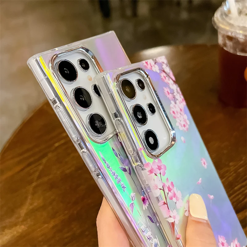 Coque de téléphone à motif de fleur laser pour Samsung Galaxy S25 S23 FE S24 Plus S22 Ultra A14 A15 A55 A54 A25 A35 A34 Coque arrière rigide en PC mat_voghion.com