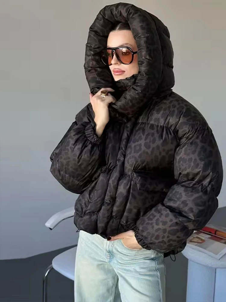 Women's Winter Jacket Hooded Leopard Print Short Parkas Coats For Women Street Thick Warm Casual Stand Collar Zipper Down Coat ﻿