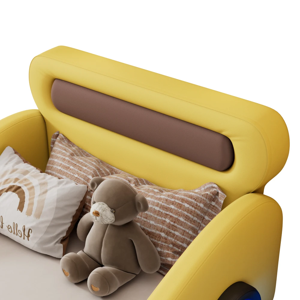 Gelbes PU-Leder-Autobett für Kinder, gepolstert, 90 x 200 cm, mit leuchtenden Rädern, Kinderbett für Jungen und Mädchen, Schlafzimmermöbel – Detail 13