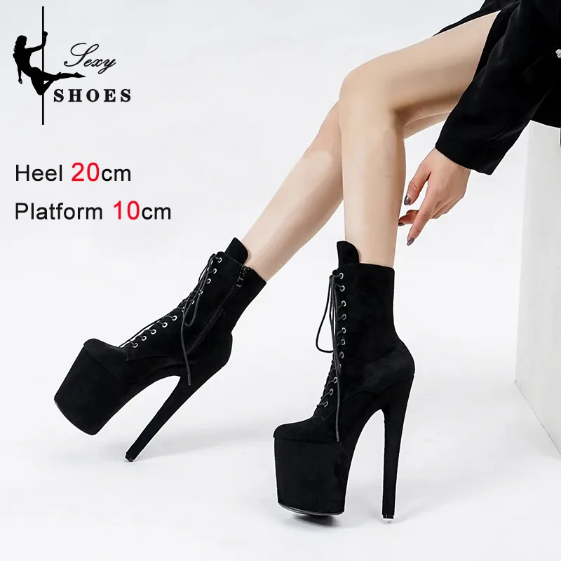 Suede Ankle Boots 20cm 17cm Super High Sexy Pole Dance Women Shoes Stripper High Heels Platform Round Head Lace-up Women's Boot