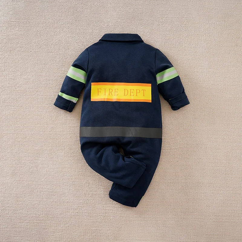 Navy Blue Fireman Cotton Long Sleeve Jumpsuit for Newborns and Toddlers
